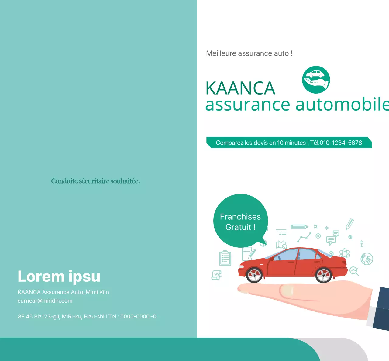 Promouvoir l'assurance automobile avec des photos et des pictogrammes de voitures turquoises et blanches