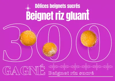 Une affiche de street food avec une typographie et une photo d'un beignet de riz glutineux en rose primaire.