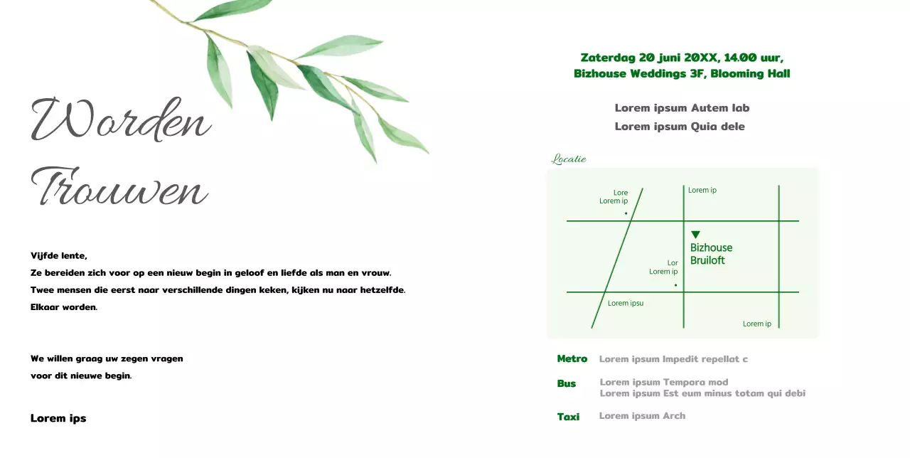 Een sentimentele huwelijksuitnodiging met een weelderig lentegevoel