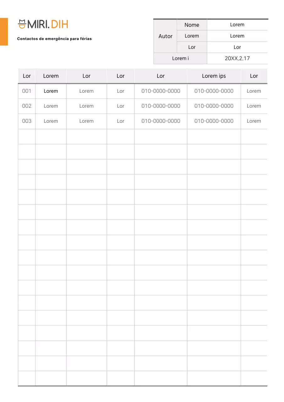 Documentação simples da lista de contactos de emergência para as férias