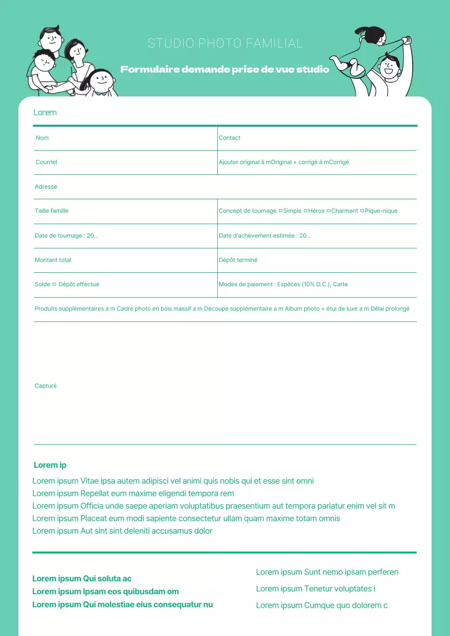 Formulaire de candidature pour un shooting en studio d'illustration couleur menthe