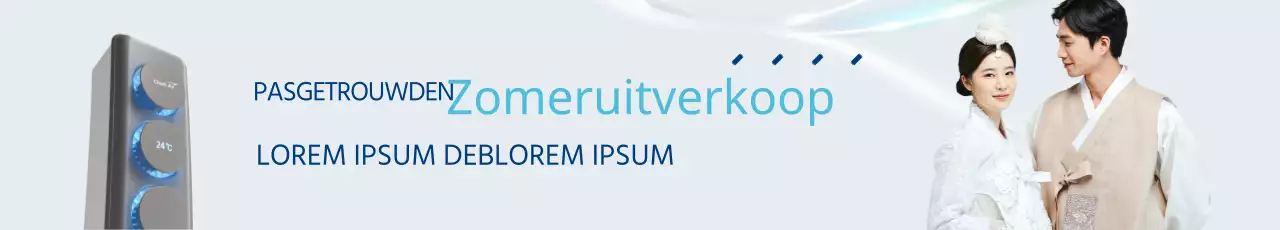 Newlyweds verkoop banner van zomertoestellen in blauw en lichtblauw