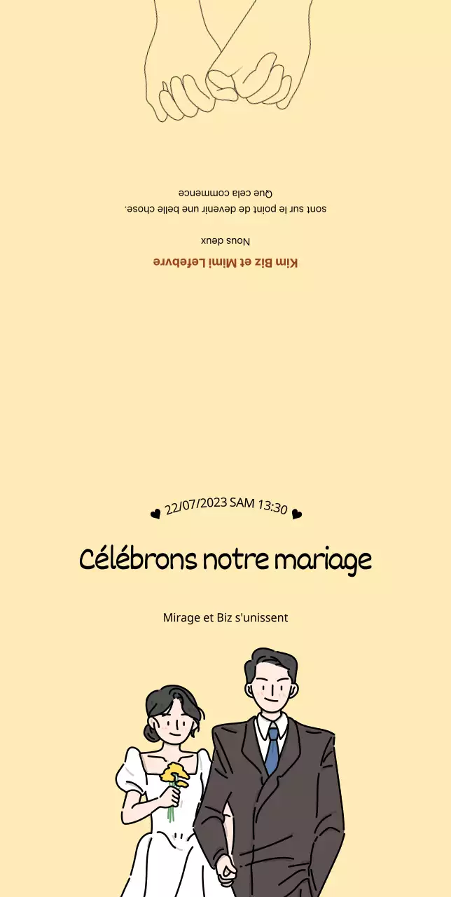 Invitation au mariage avec des mariés mignons sur fond jaune
