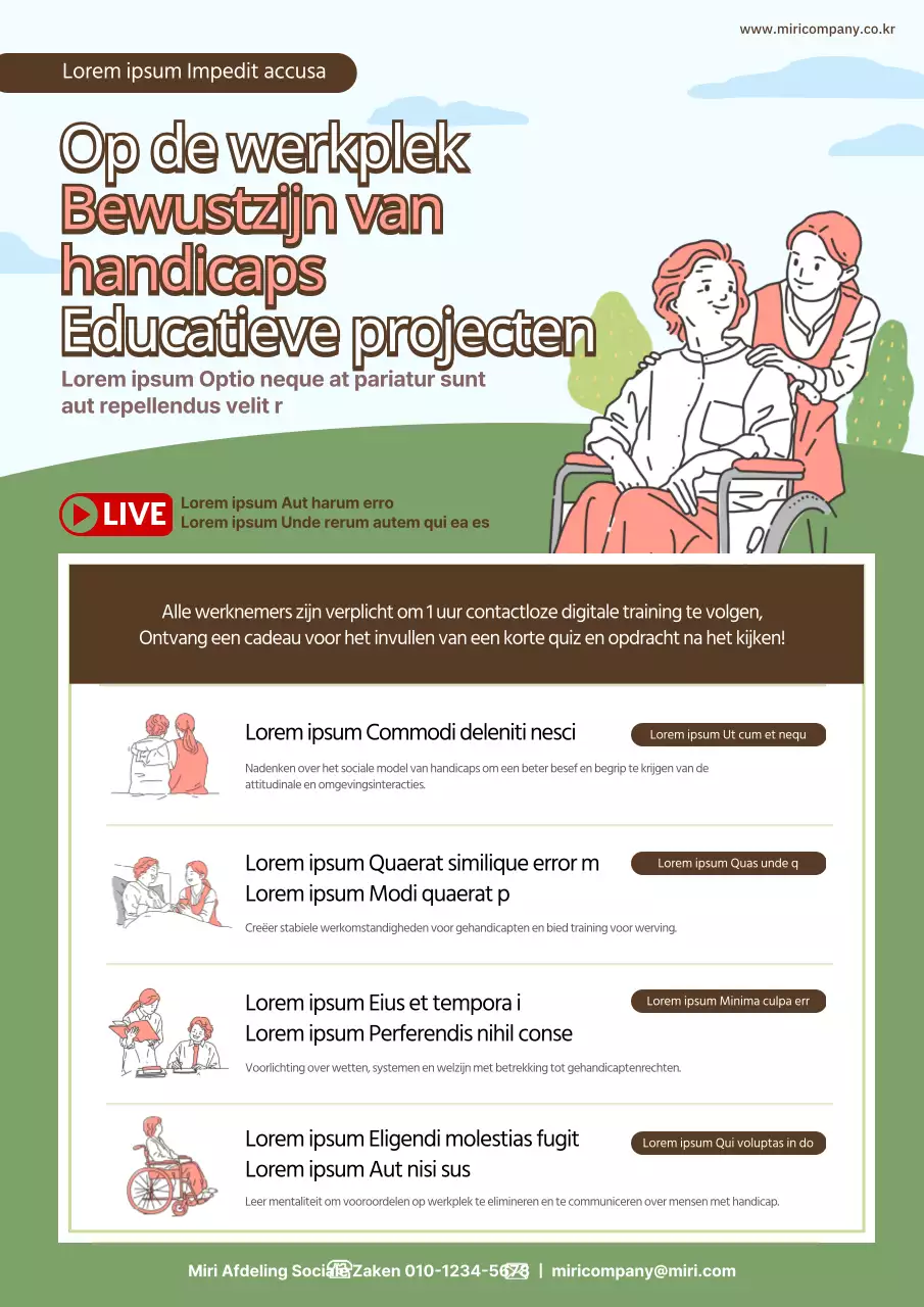 Webposter over bewustwordingstraining voor gehandicapten met een groen en roze illustratiethema
