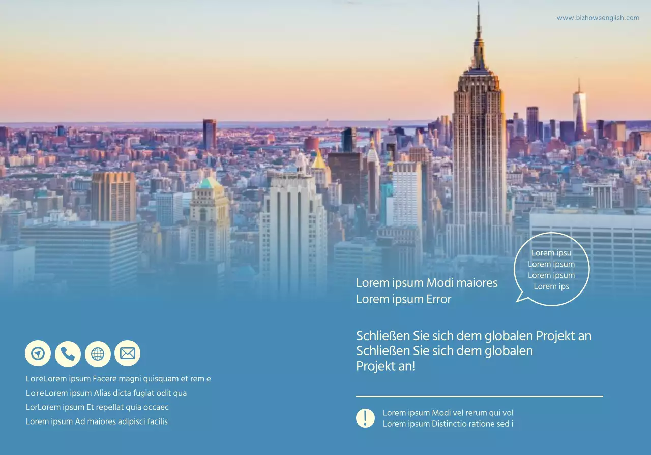 Werbung für eine Sprachschule mit blauen und gelben Fotos von fremden Landschaften