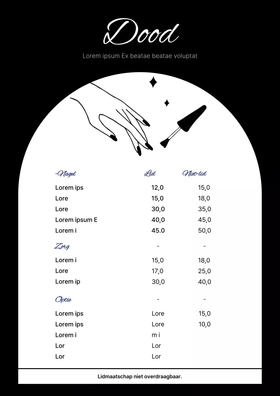 Modern nagelkunst menubord in zwart en wit