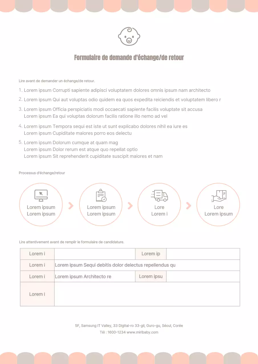 Formulaire de retour d'échange de bébé Modèle de documentation sur les vêtements pour enfants