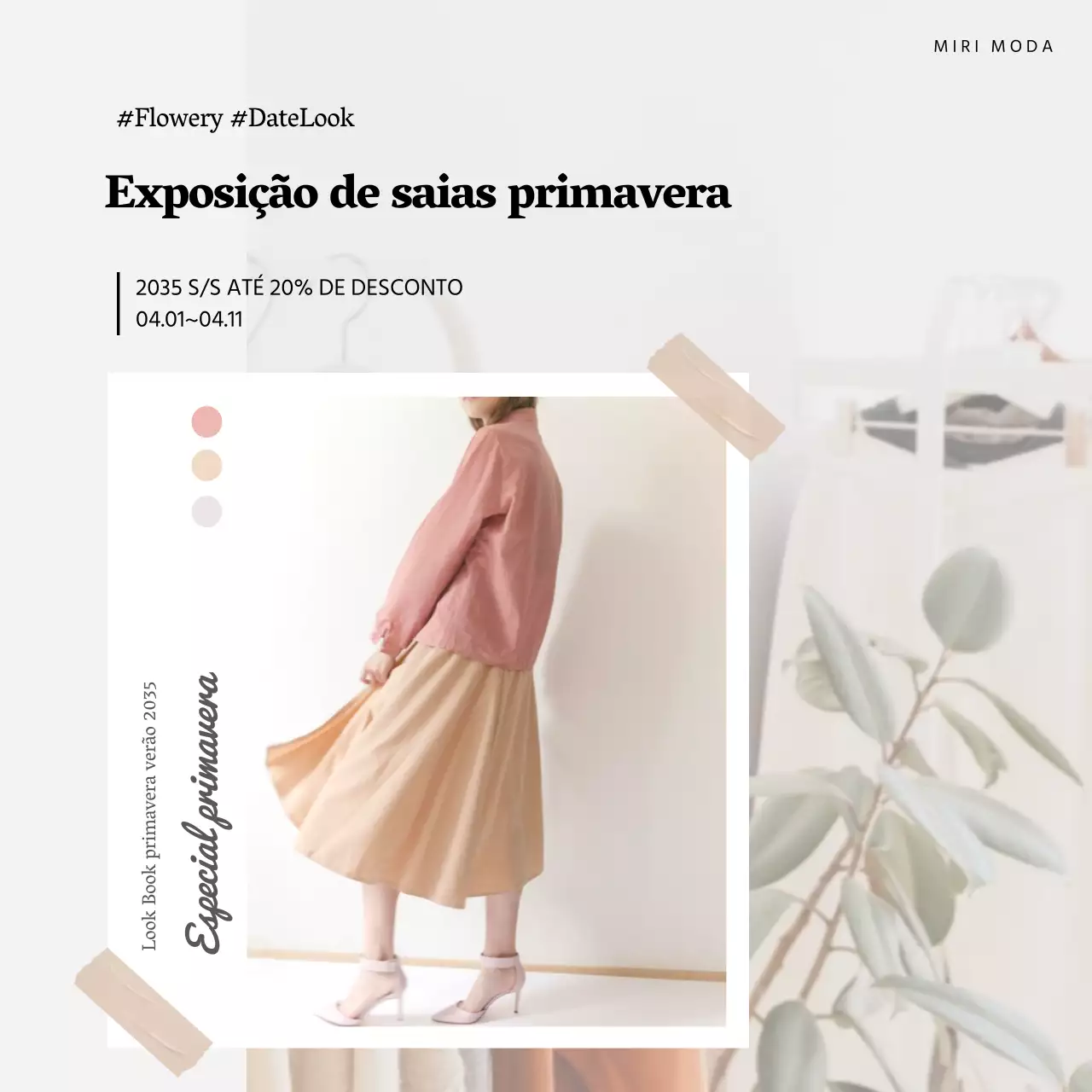 Uma exposição de saias primaveris em molduras Polaroid em tons pastel