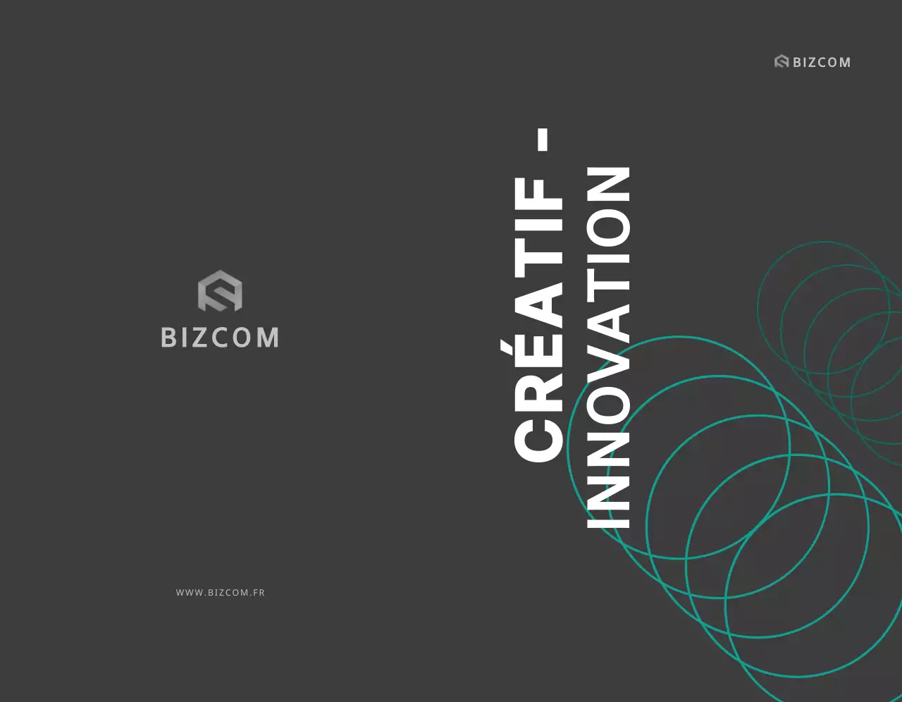 Une simple promotion d'entreprise bizcom avec du texte et des illustrations en noir et gris.