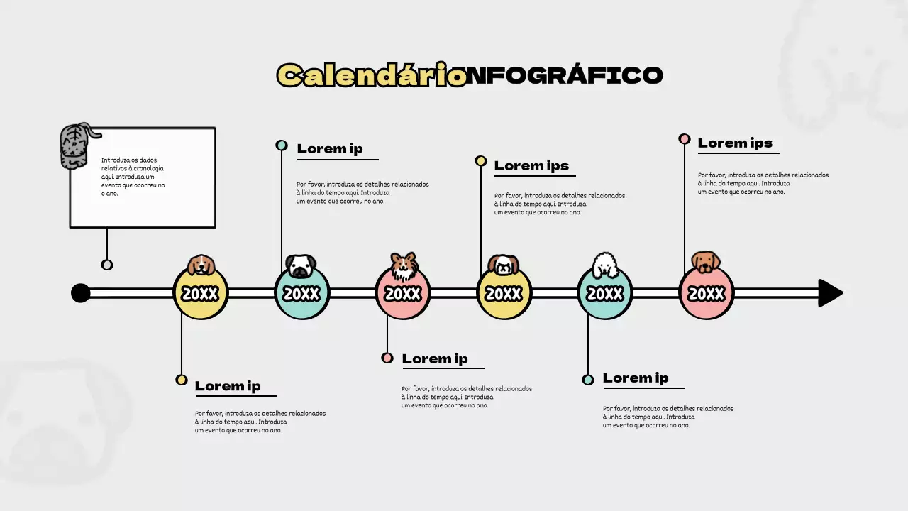 Linha cronológica com conceito de animal fofo e em tons pastel
