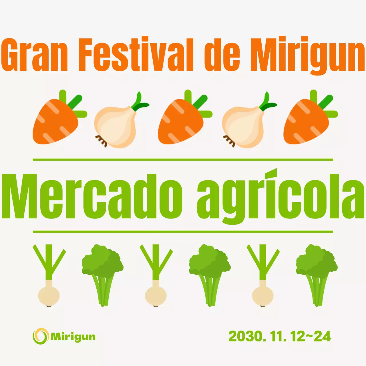 Simpáticos iconos vegetales en colores naranja y chartreuse para promocionar las fiestas agrícolas