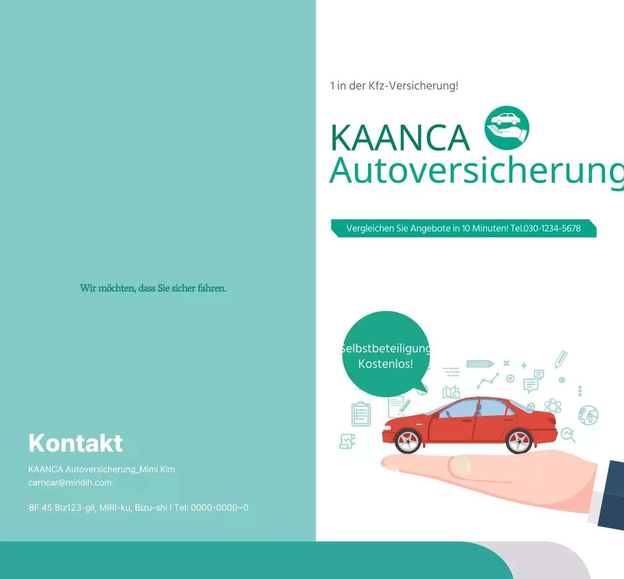 Werbung für Autoversicherungen mit türkisfarbenen und weißen Autofotos und Piktogrammen