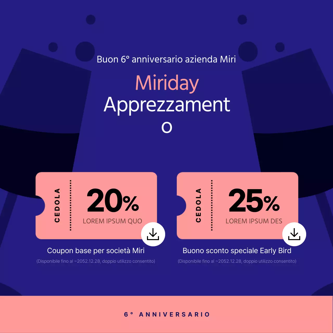 Un coupon di sconto Happy Anniversary blu navy e rosa