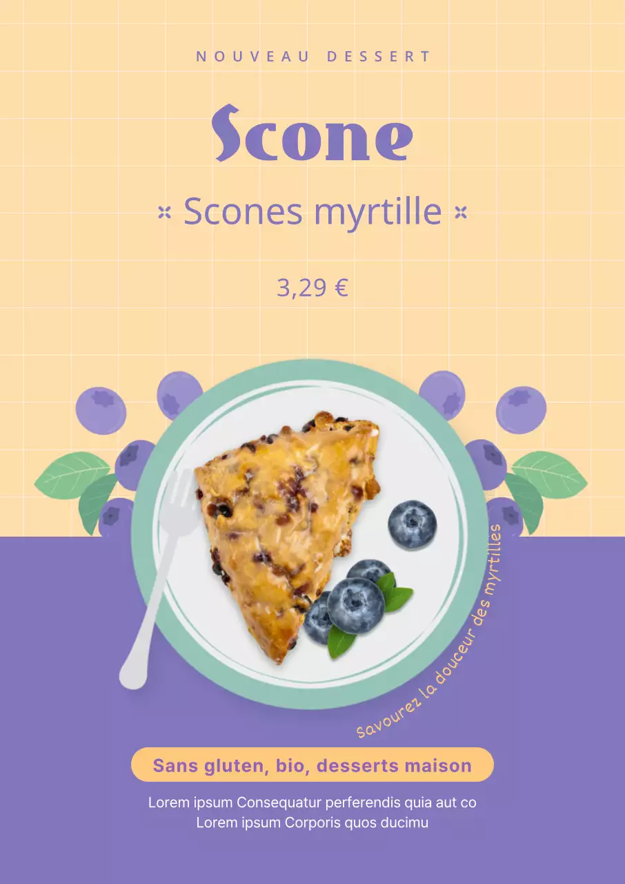 Une carte des desserts à base de scones surlignés de photos violettes et ivoires