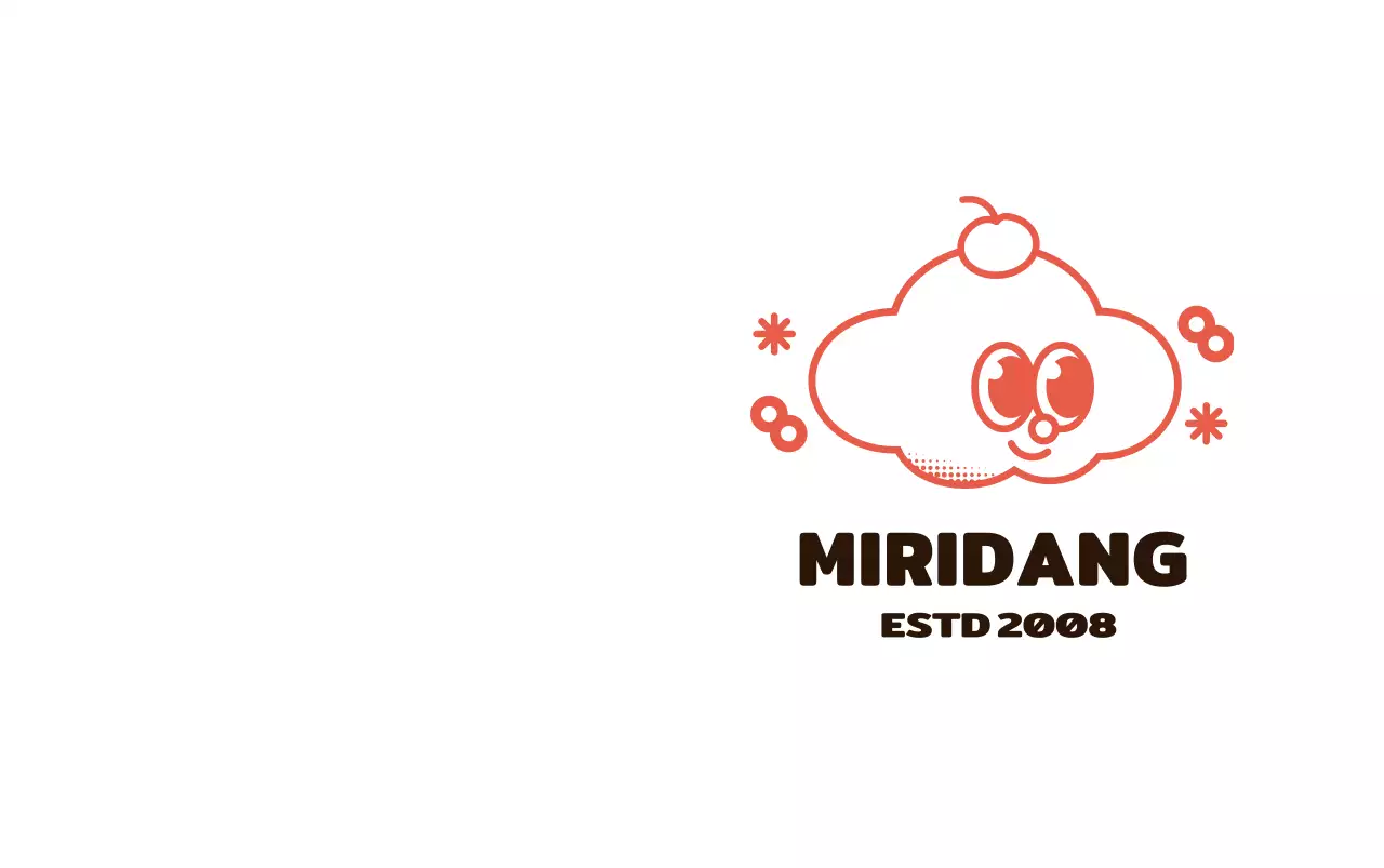 Le logo du café est une série d'illustrations de personnages mignons ressemblant à des nuages, en rouge et noir.