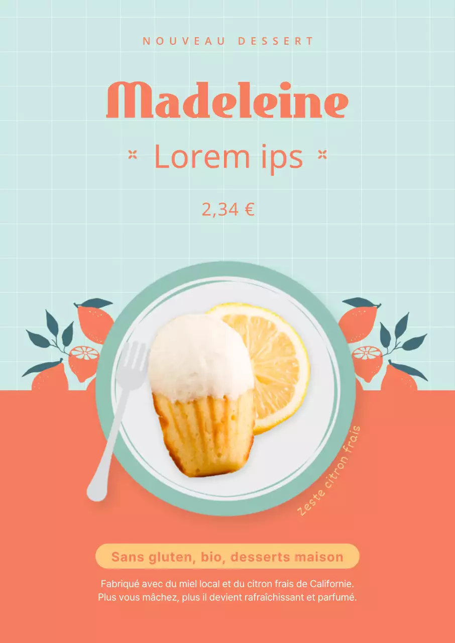 Carte des desserts de la Madeleine avec des accents d'images bleu clair et orange
