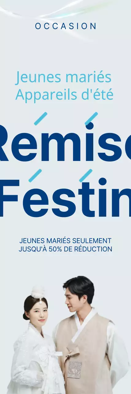 Bannière de vente d'appareils électroménagers pour les jeunes mariés en bleu et bleu clair