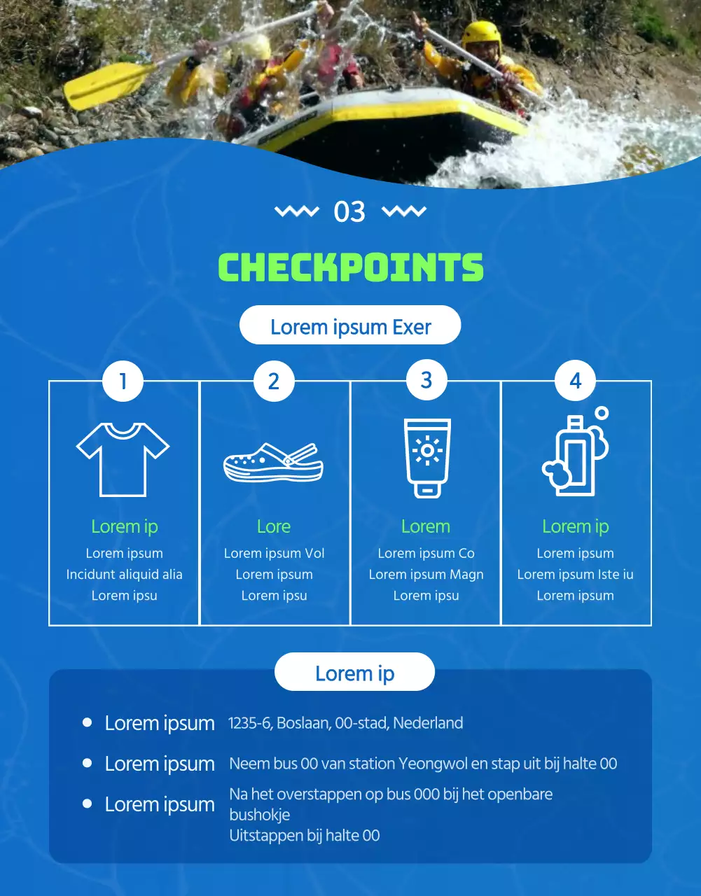 Coole raftingbedrijven met blauwe en groene Donggang-illustraties