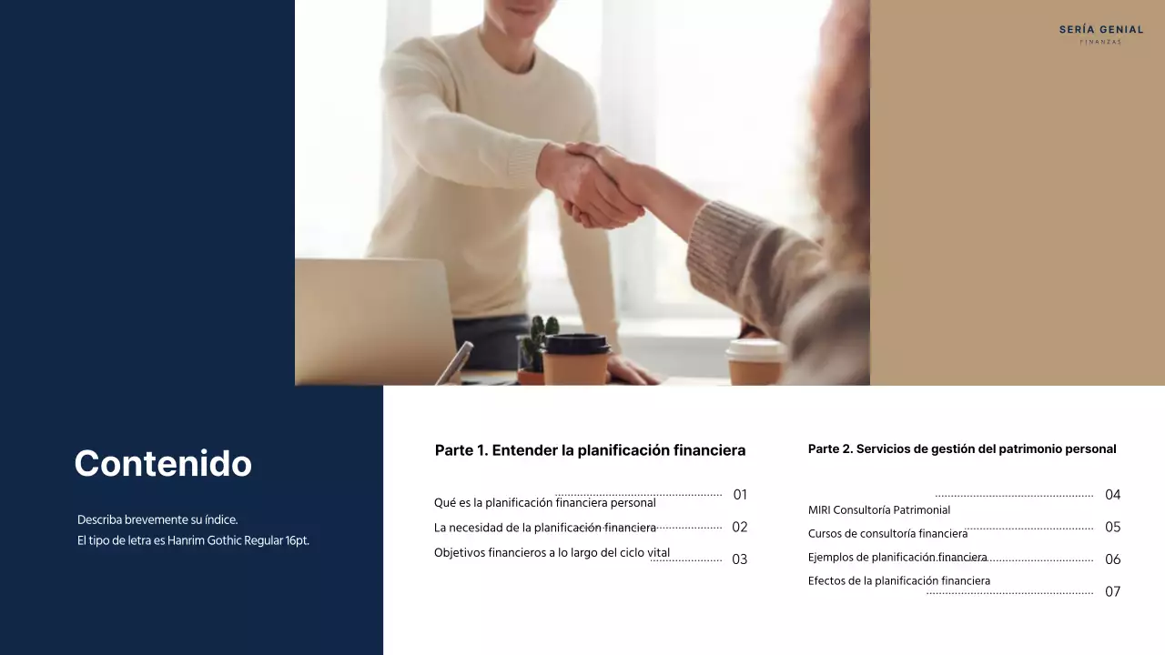 Guía de asesoramiento en planificación financiera personal en azul marino y beige