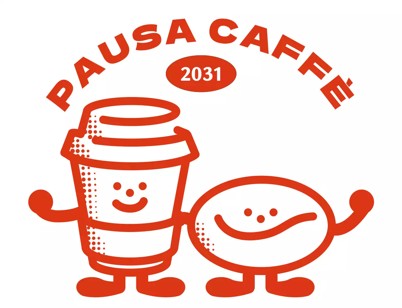 Una caffetteria con un logo di testo rosso e un simpatico personaggio del caffè