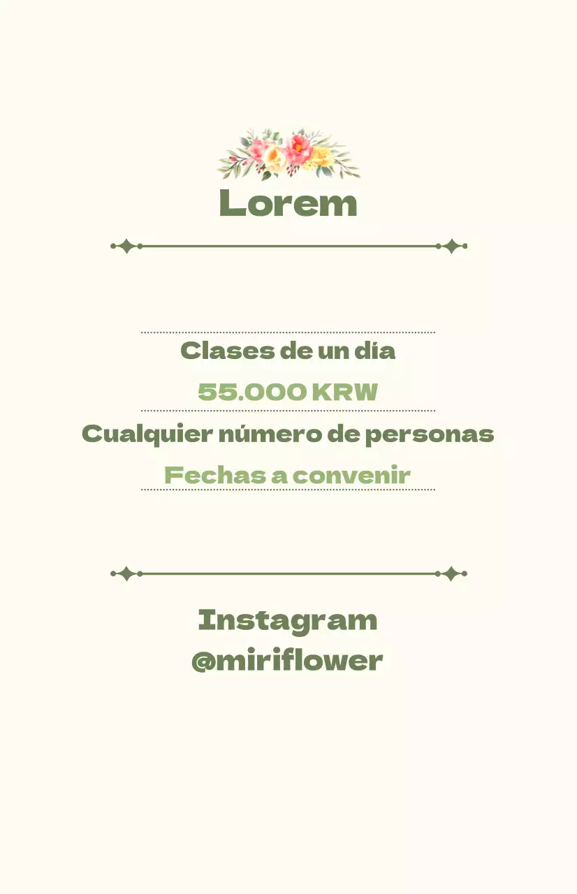 Promocione una clase de un día con texto en verde y marfil e ilustraciones florales