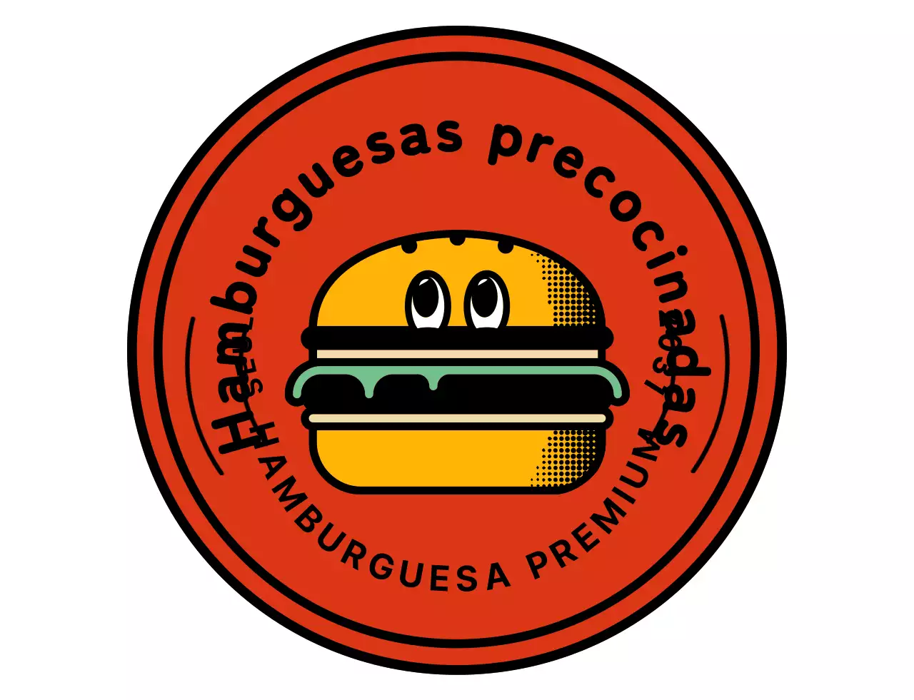 Una hamburguesa con un simpático logotipo de personajes rojos y naranjas