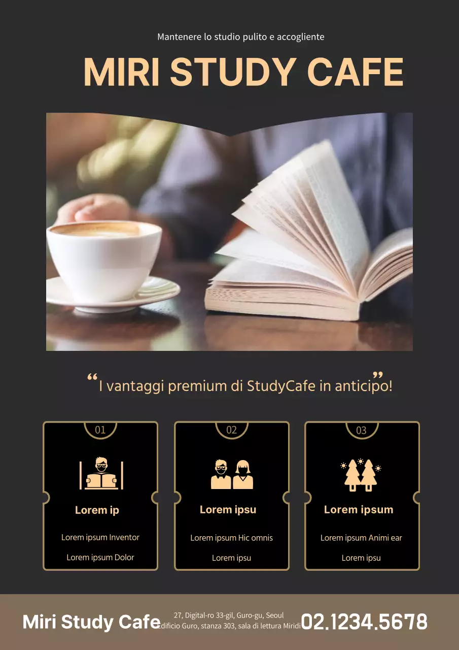 Promuovere il Ganjin Study Café con foto e icone in nero e oro.
