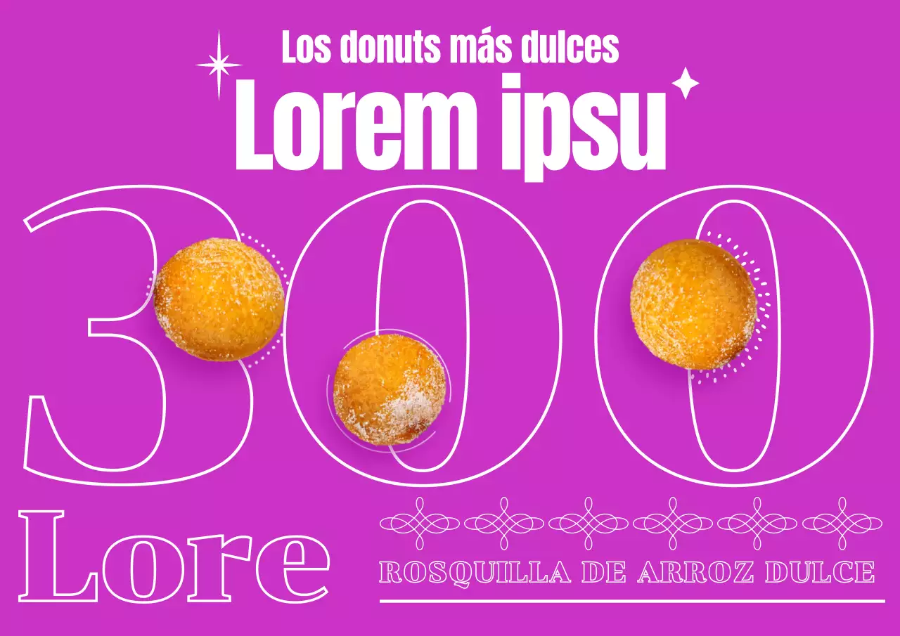 Un cartel de comida callejera con tipografía y una foto de un donut de arroz glutinoso en rosa primario.