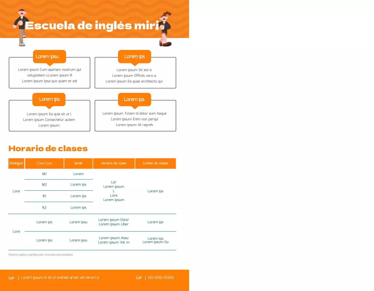 Promociona una academia de inglés con una ilustración de alumnos con uniforme naranja.