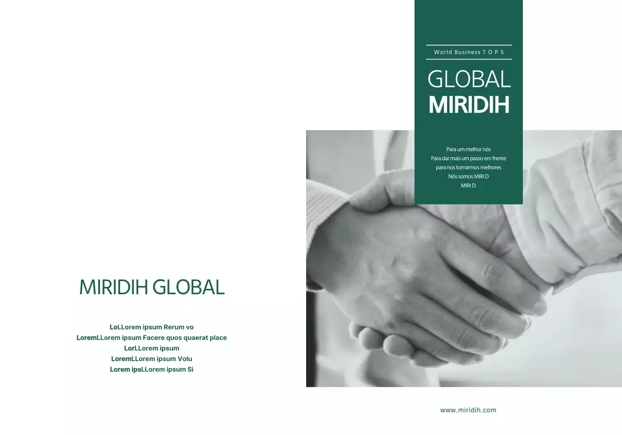 Uma miragem global simples com texto e imagens em verde escuro para promover a empresa.