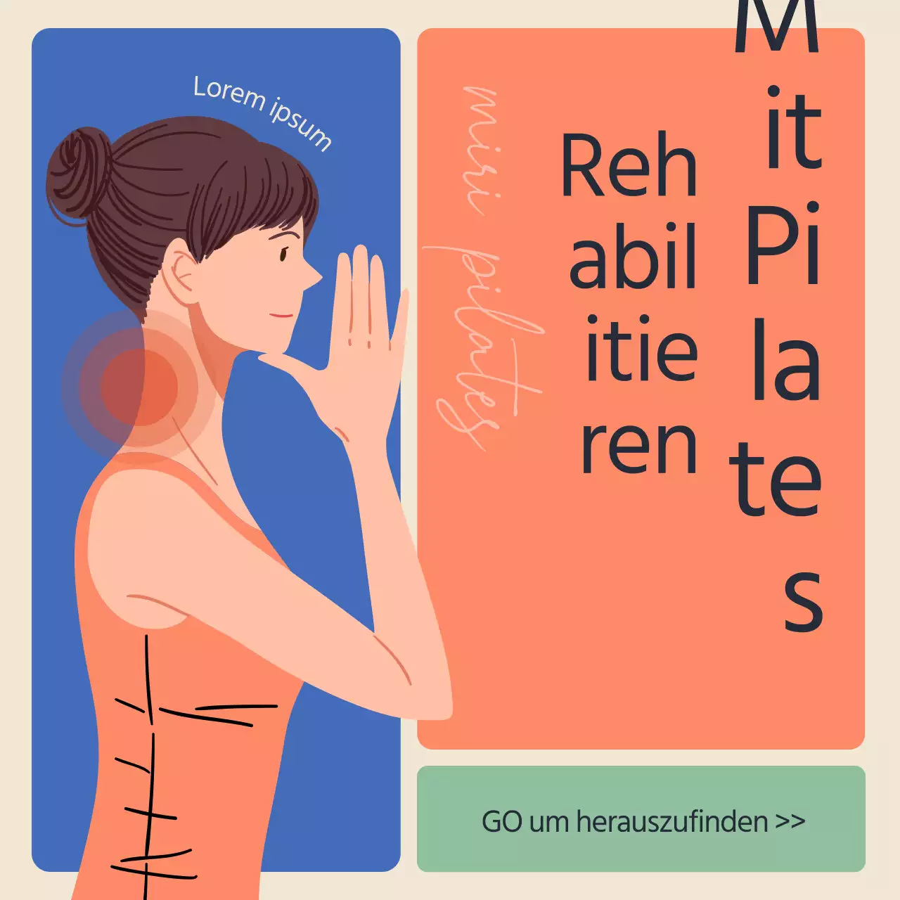 Schildkrötenhals Pilates Rehabilitation Informationen in Blau und Orange