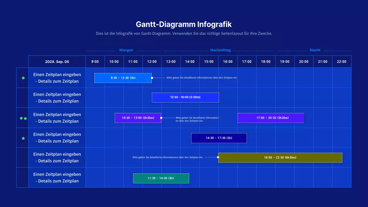 Ein einfaches konzeptionelles Gantt-Diagramm in Marine und Blau