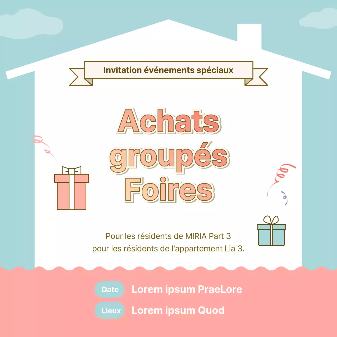 Evénement "co-purchase fair" pour les locataires d'appartements de couleur bleu ciel médias sociaux