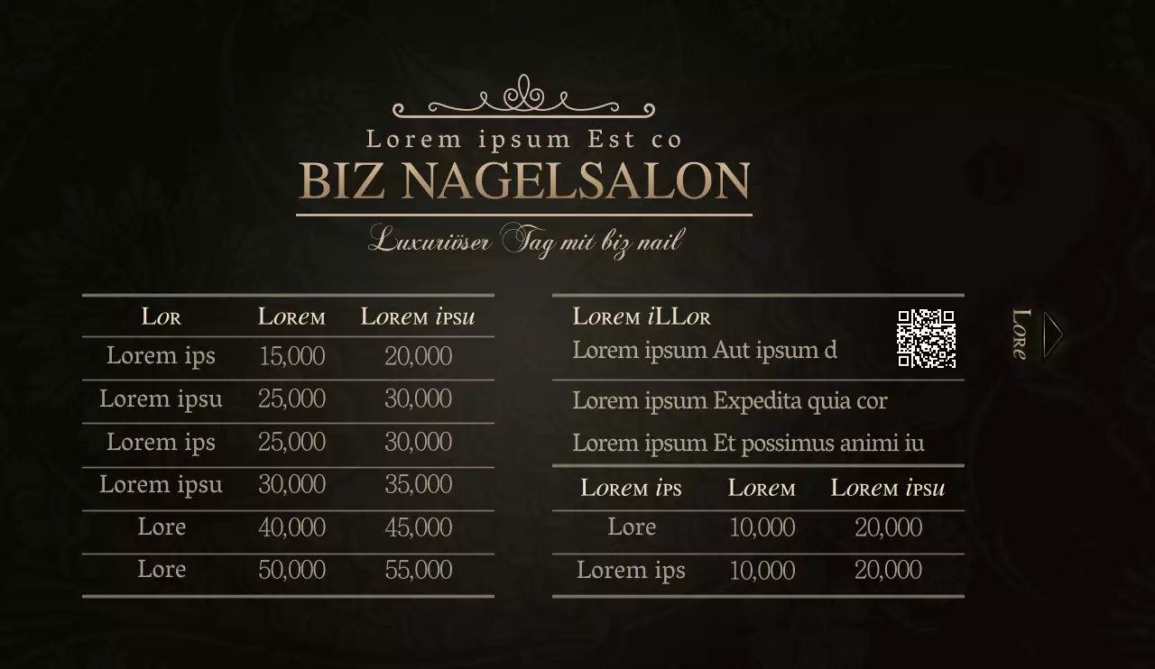 Luxuriöser Stil in Schwarz und Gold Für die Werbung und Information eines Nagelstudios.