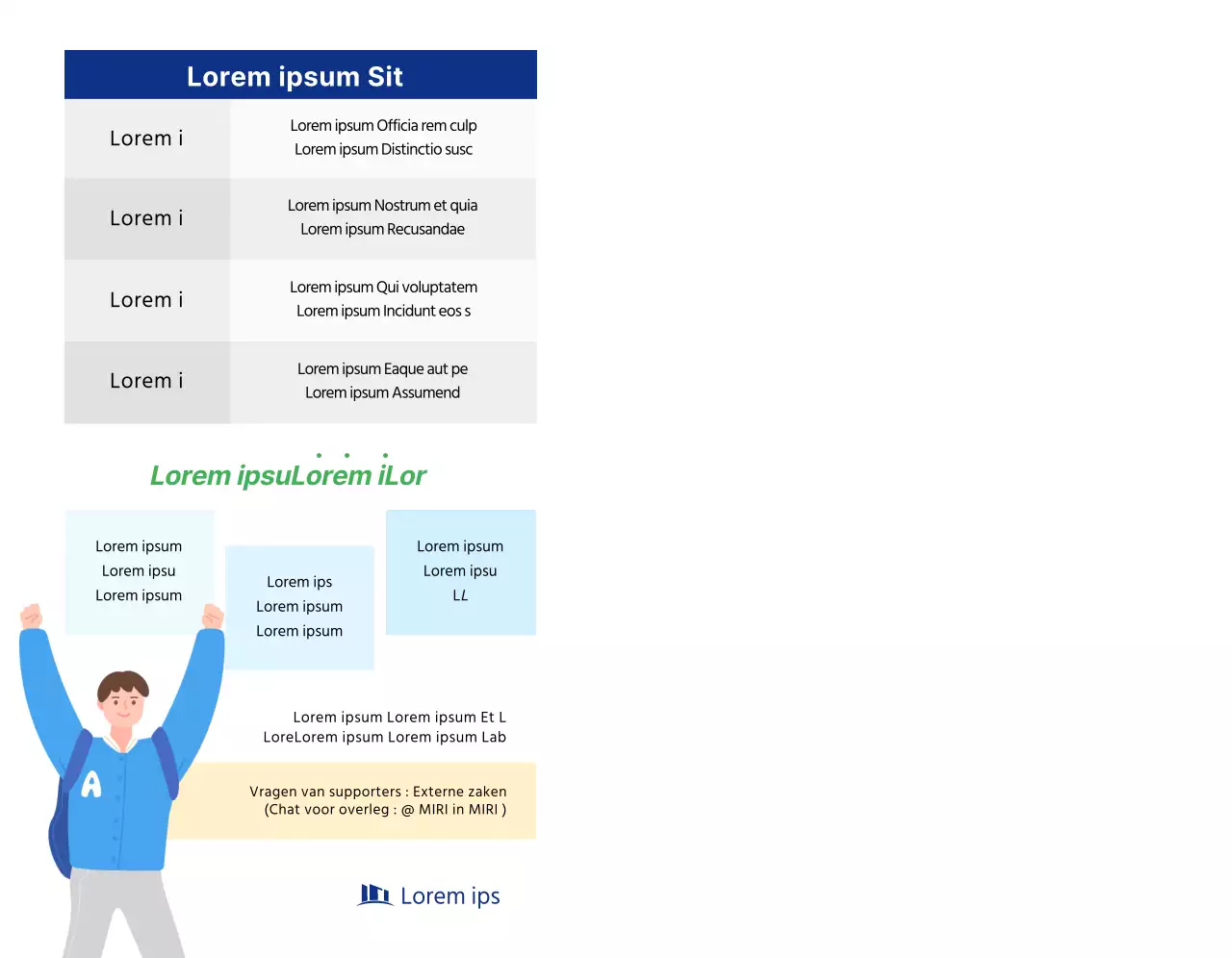 Een eenvoudige promotie voor universiteitssupporters met marineblauwe tekst en illustraties.