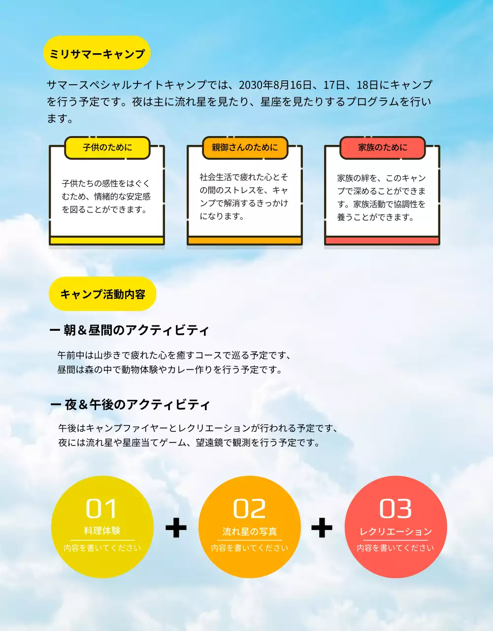 青 ポップ キャンプ チラシ 詳細ページ