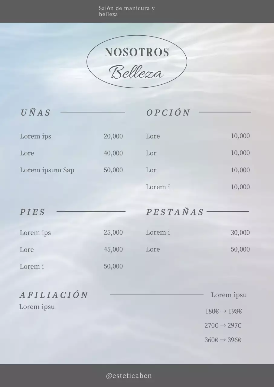 Cartel de menú con fuente en tonos grises y fondo de olas místicas