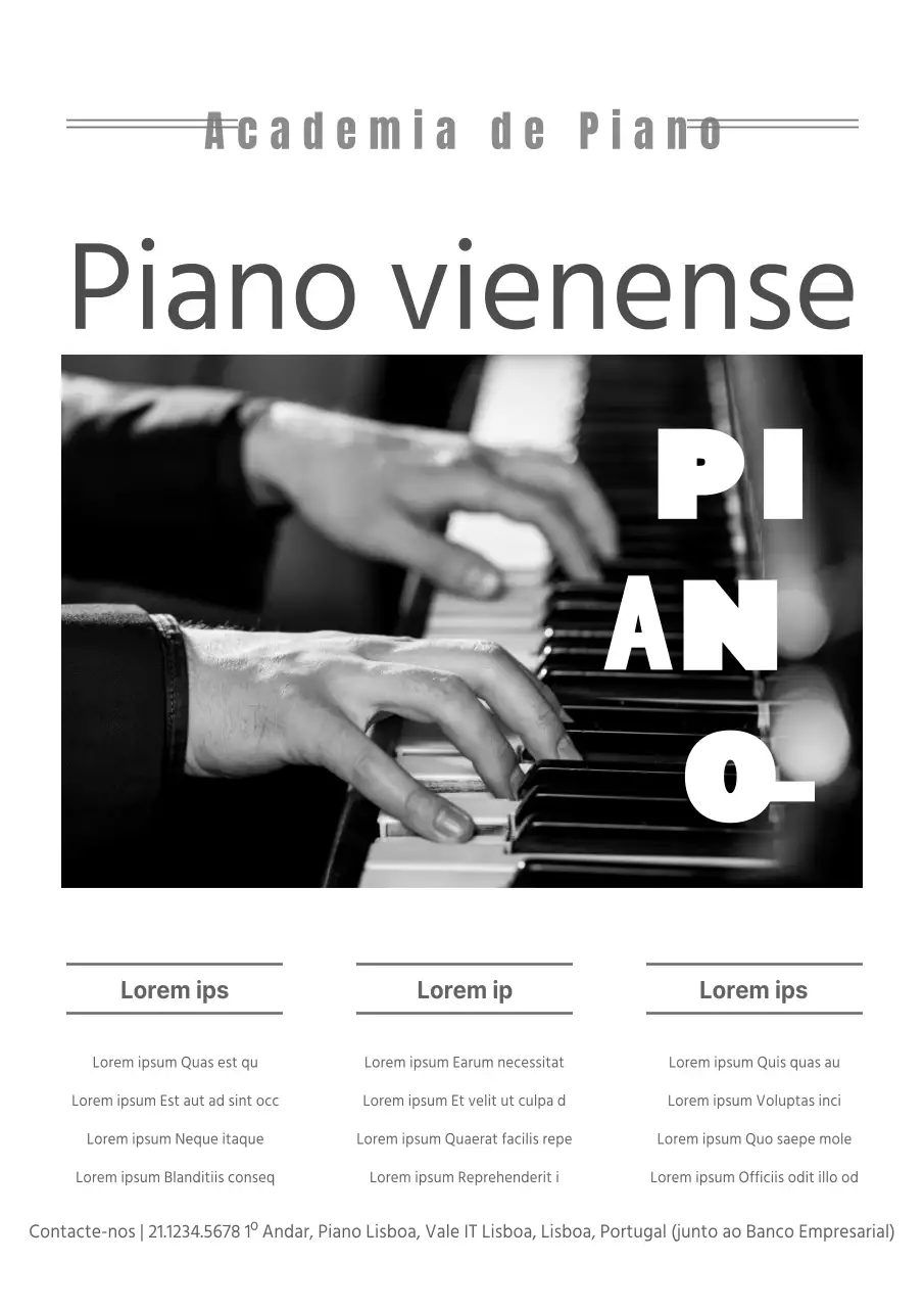 Promover uma escola de piano limpa com uma fotografia a preto e branco de si a tocar piano