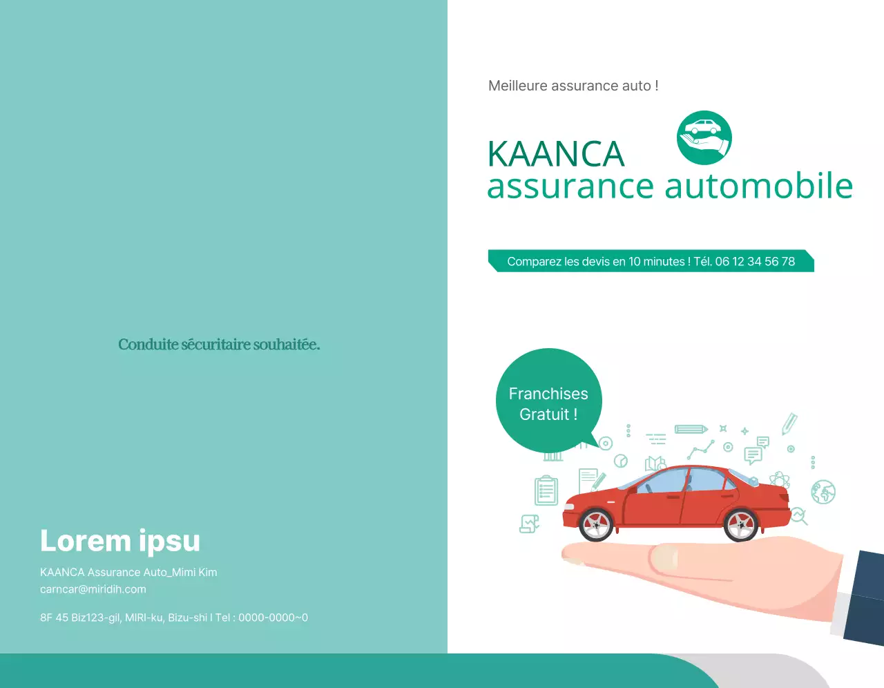 Promouvoir l'assurance automobile avec des photos et des pictogrammes de voitures turquoises et blanches