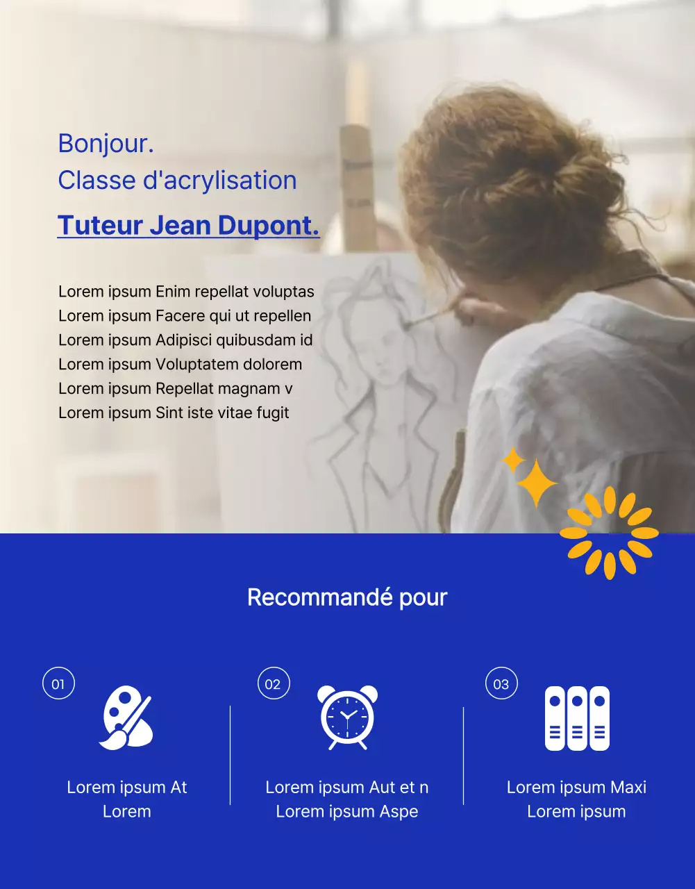 Annonce d'un cours d'art d'une journée avec une touche de beige et de bleu