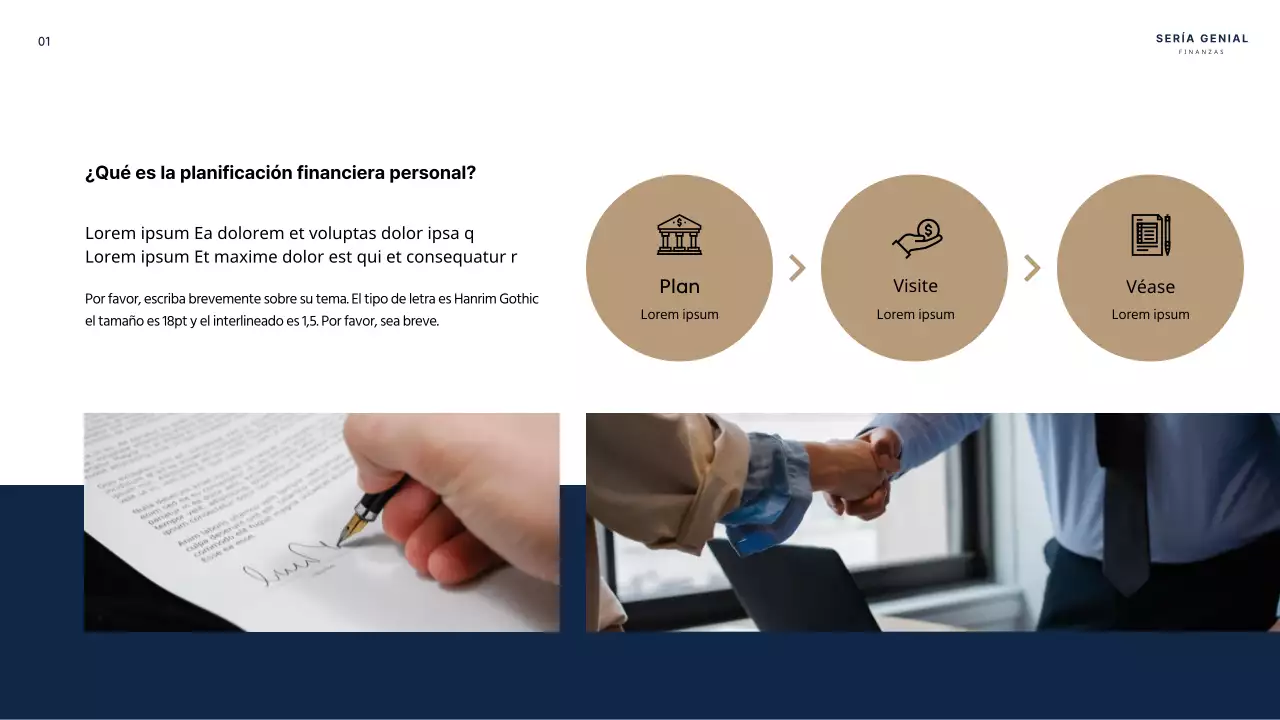 Guía de asesoramiento en planificación financiera personal en azul marino y beige