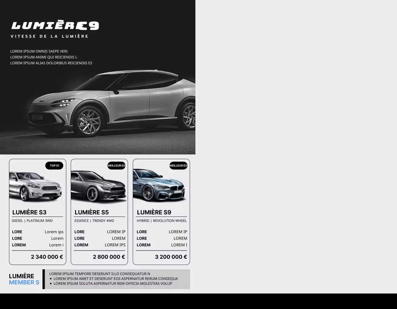 Promotion d'une voiture de concessionnaire avec un design noir, simple et épuré avec des photos de voitures