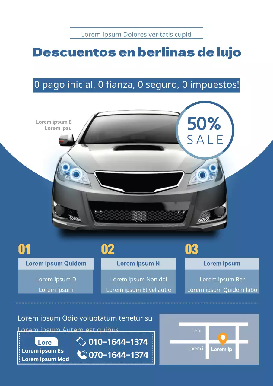 Moderno folleto azul de alquiler de coches para promocionar un evento gratuito