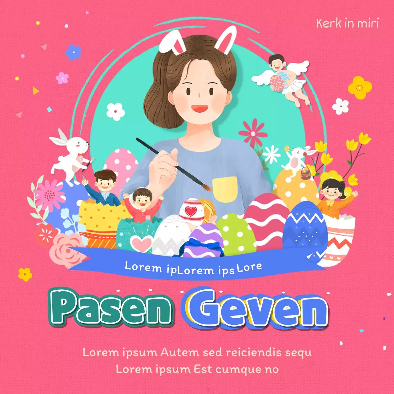 Paasvieringen op sociale media met schattige illustraties in roze en mint.