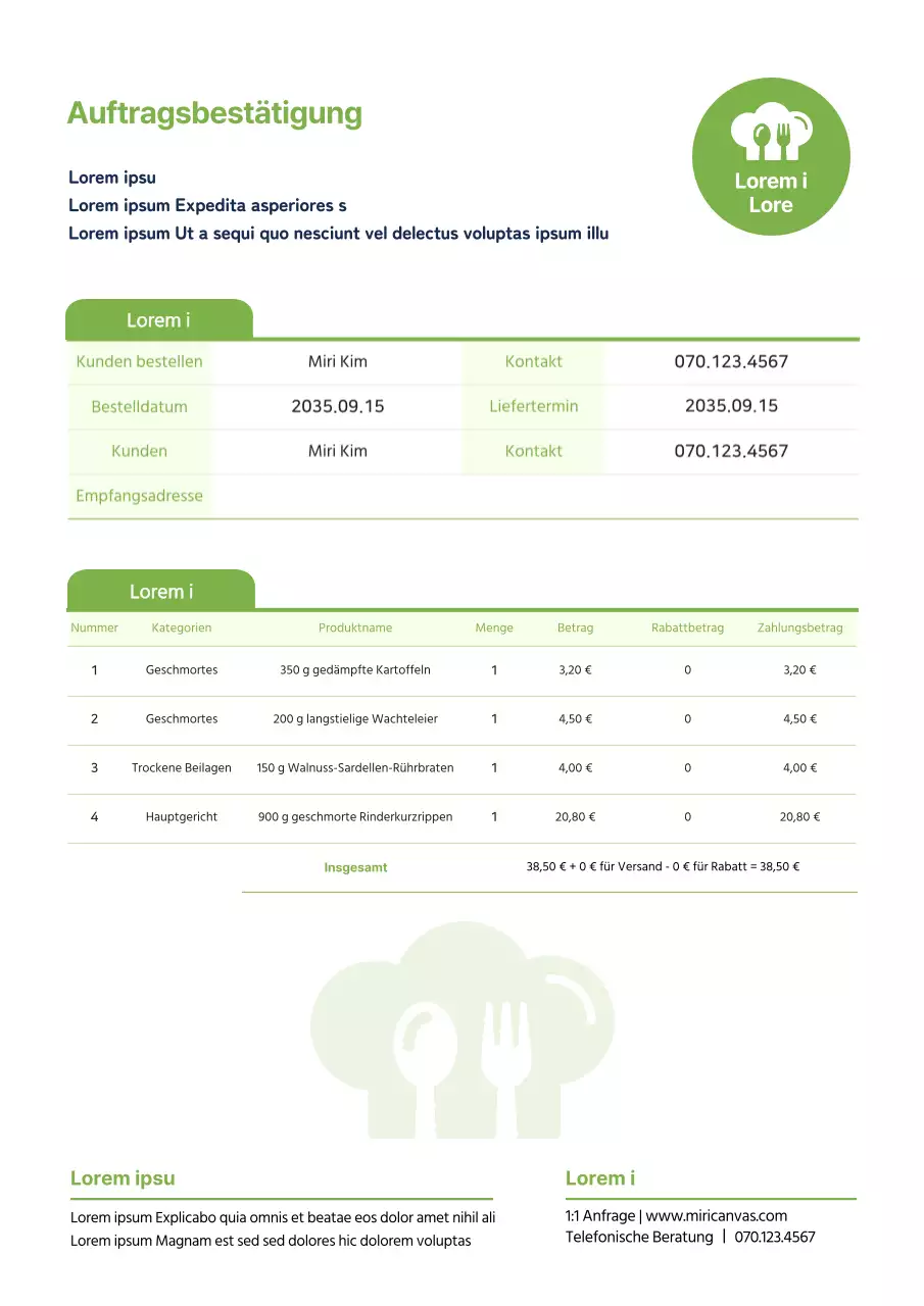 Auftragsbestätigung des Beilagenmarktes in Chartreusefarben
