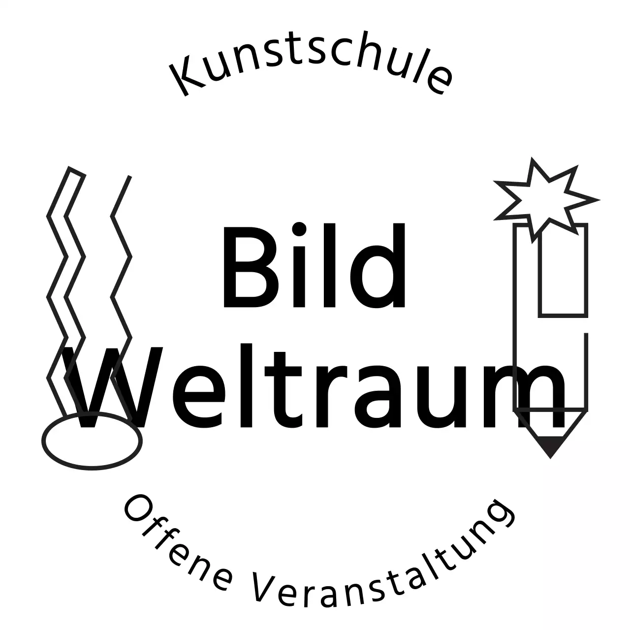 Werbung für eine Kunstschule mit schwarzem Text und Strichillustrationen