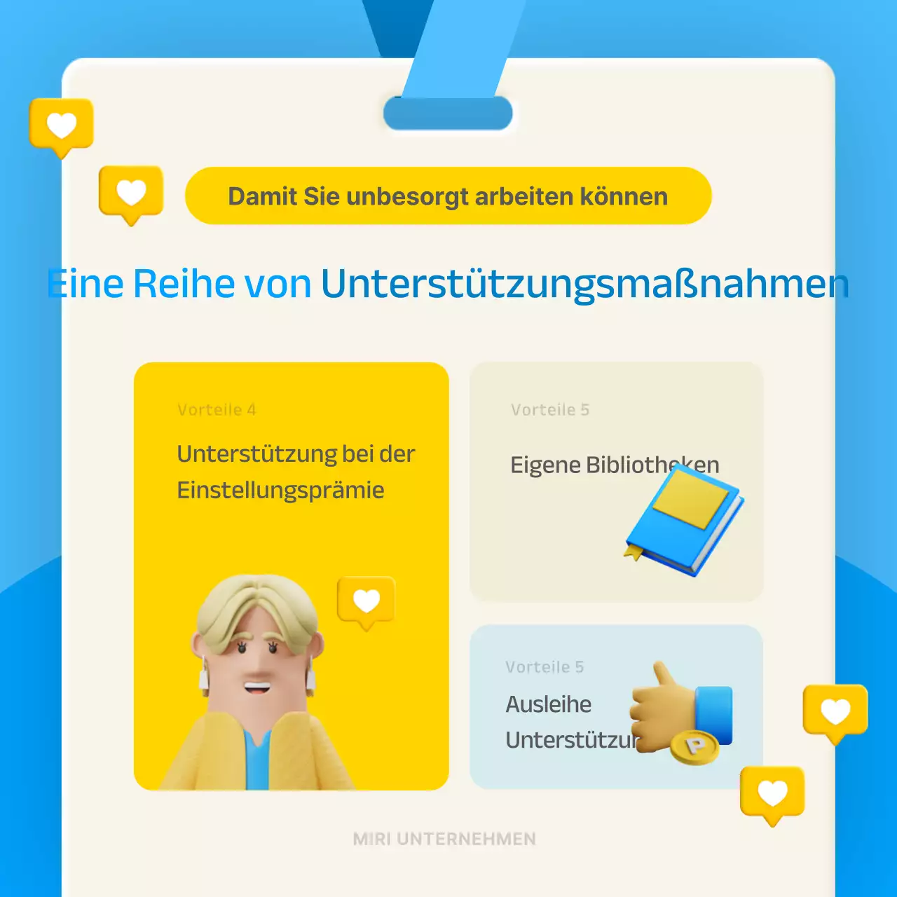 Stereoskopisches 3D-Konzept in Blau und Gelb zur Einführung von innerbetrieblichem Wohlbefinden