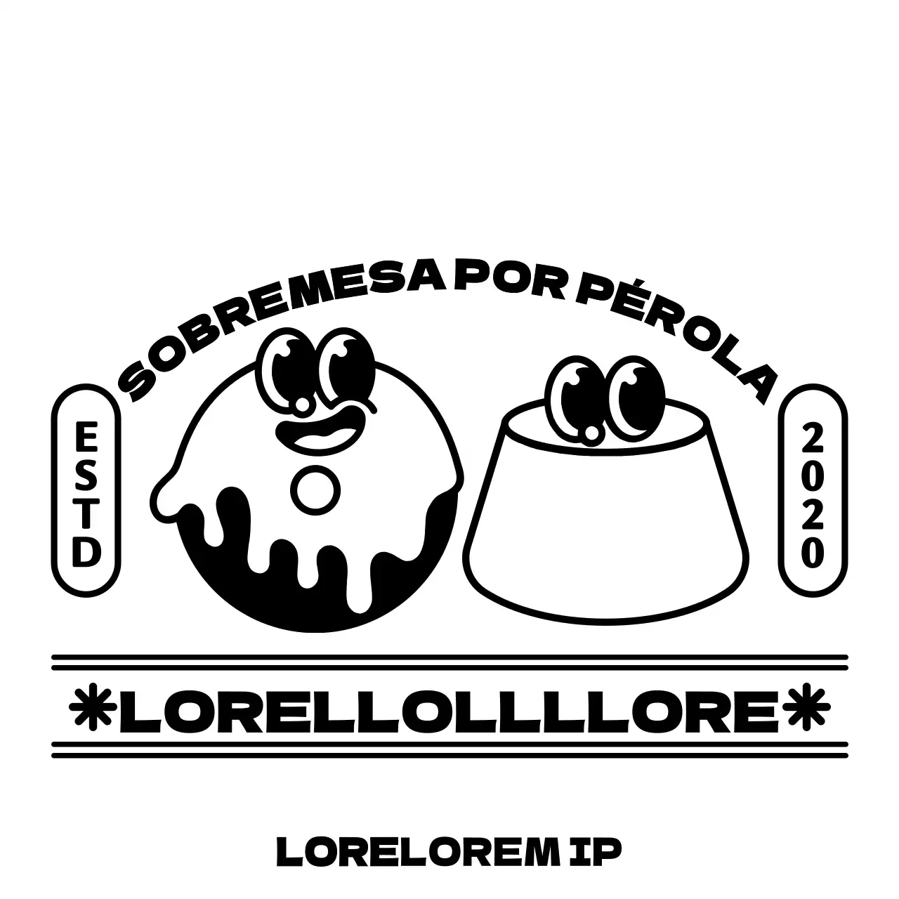 Promova e informe a sua loja de sobremesas com um logótipo que apresenta personagens bonitas e modernas de donuts e pudins