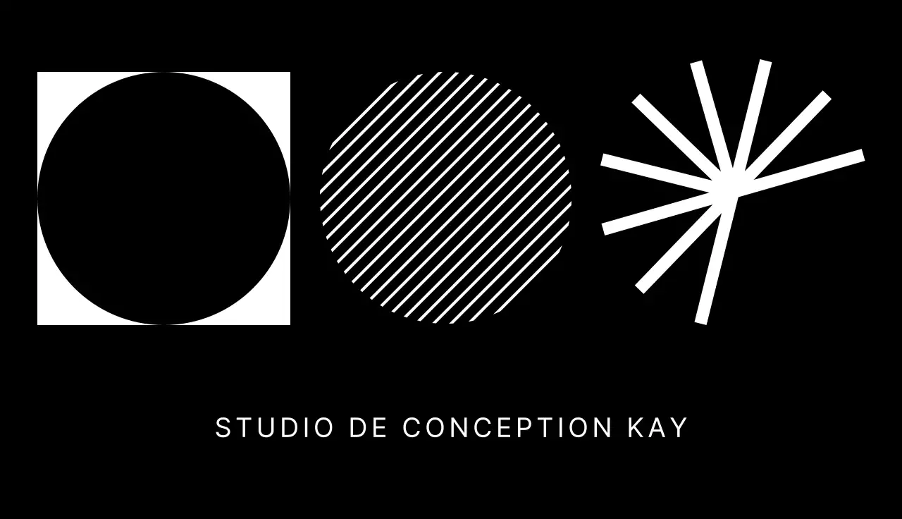 Carte de visite d'un studio de design avec des éléments géométriques sur fond noir