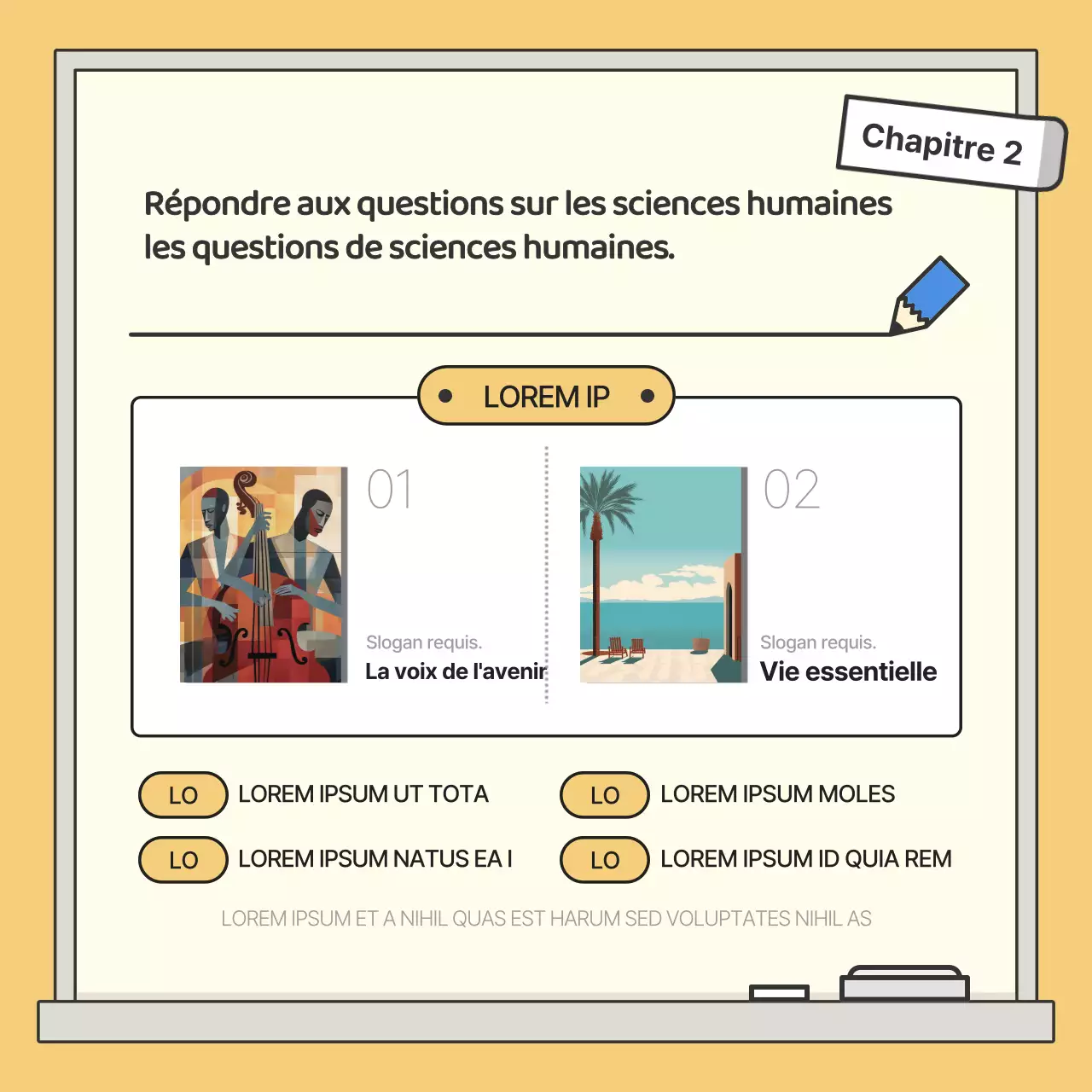 Conférence sur les sciences humaines avec illustration d'un tableau noir jaune et bleu pour les étudiants